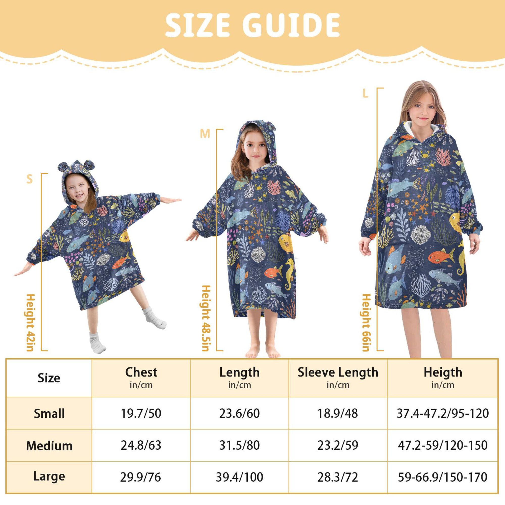 FORMRS Wearable Blanket Hoodie with Sleeves for Kids Cozy Flannel Sweatshirt, Cartoon Ocean Pattern