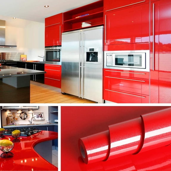 Red Contact Paper Self Adhesive Wall Paper Decorations Peel and Stick Wallpaper Kitchen Cabinets Countertops Appliances Glossy Red Vinyl Wrap Removable Waterproof Shelf Liners 15.8x78.8