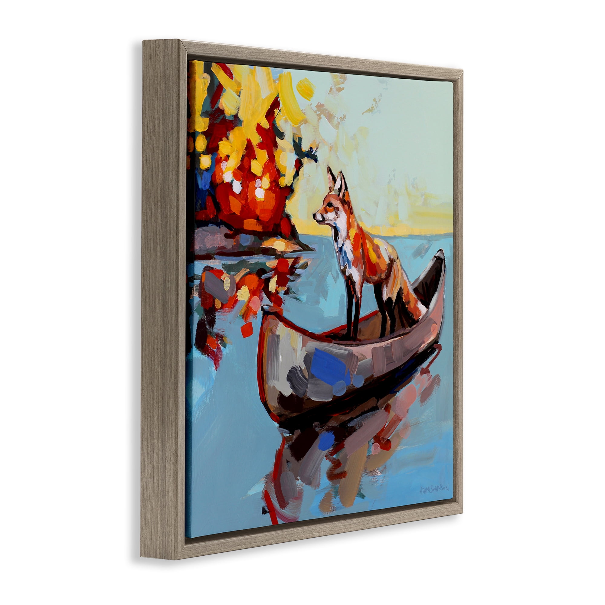 Fox's Voyage on Canoe Brown Framed Floater Canvas Wall Art, design by Adam Swanson