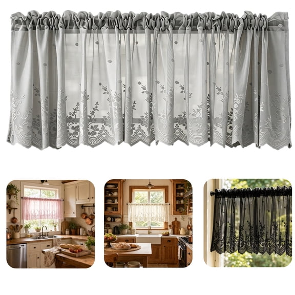54.8"X24.4"Boho Lace Window Curtain Valance Embroidered Solid Color Farmhouse Light Filtering Small Window Tier for Kitchen Living Room