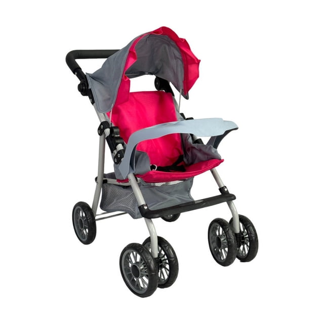 carriola para muñeca the baby shop juguete plegable con toldo y charola rosa Vista 3/4 frontal de carriola plegable rosa con toldo gris, armazón plateado, asiento reclinable con cinturón negro, bandeja frontal gris, seis ruedas dobles de EVA y cesta de malla inferior; también suele usarse para transportar muñecos y accesorios de juego.