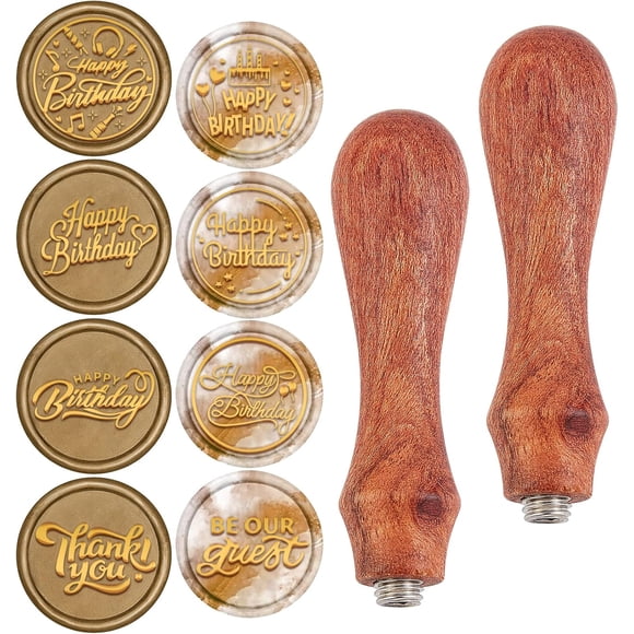 Happy Birthday Wax Seal Stamp Heads Set Birthday Theme 8pcs Vintage Sealing Wax Stamps Heads Copper Seals 2pcs Wooden Handle Wax Stamp Kit for Wedding Invitations Envelopes Cards Packages