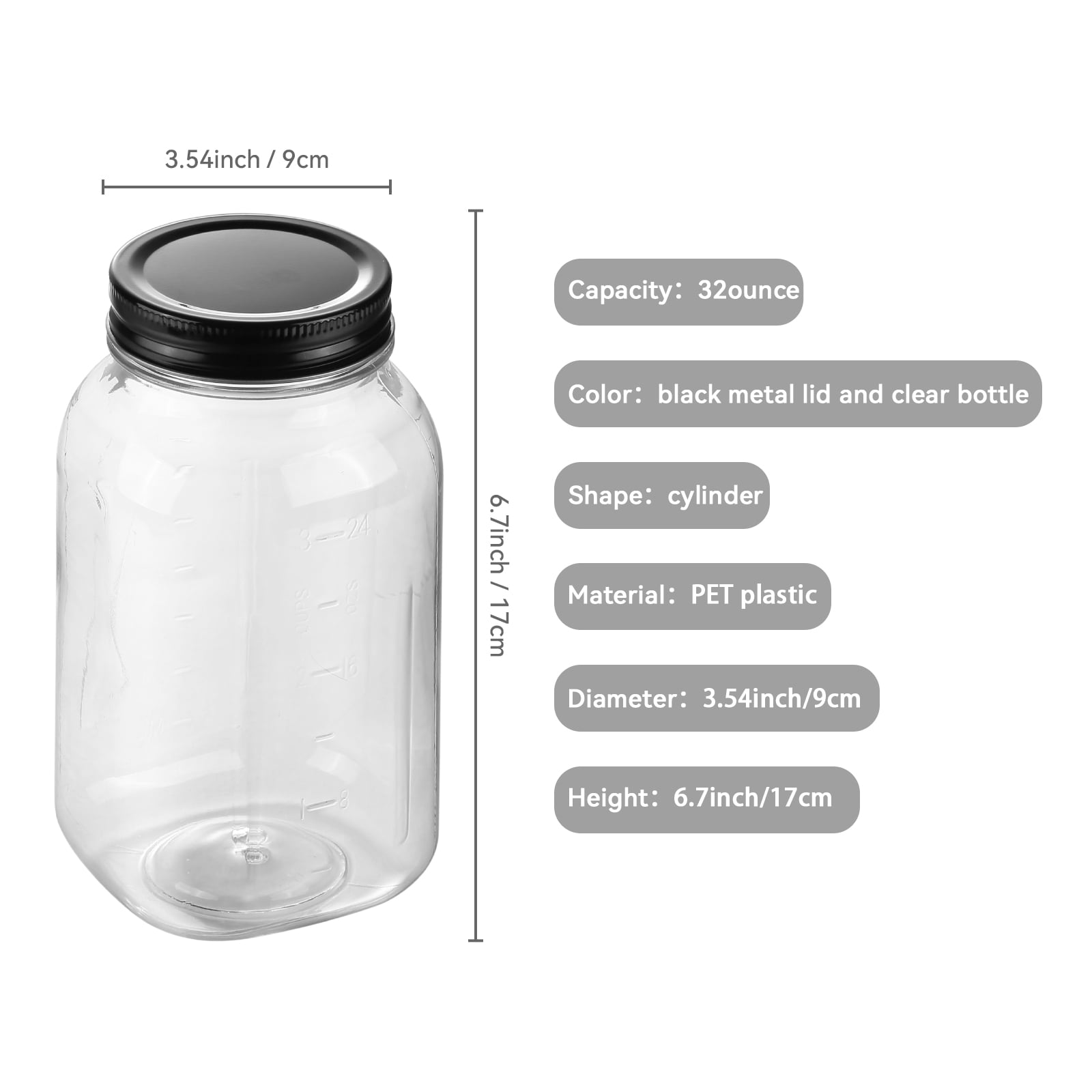 Novelinks 32oz Plastic Jars with Lids 6 Pack Clear Containers Airtight Food Storage Containers for Kitchen & Household,Black