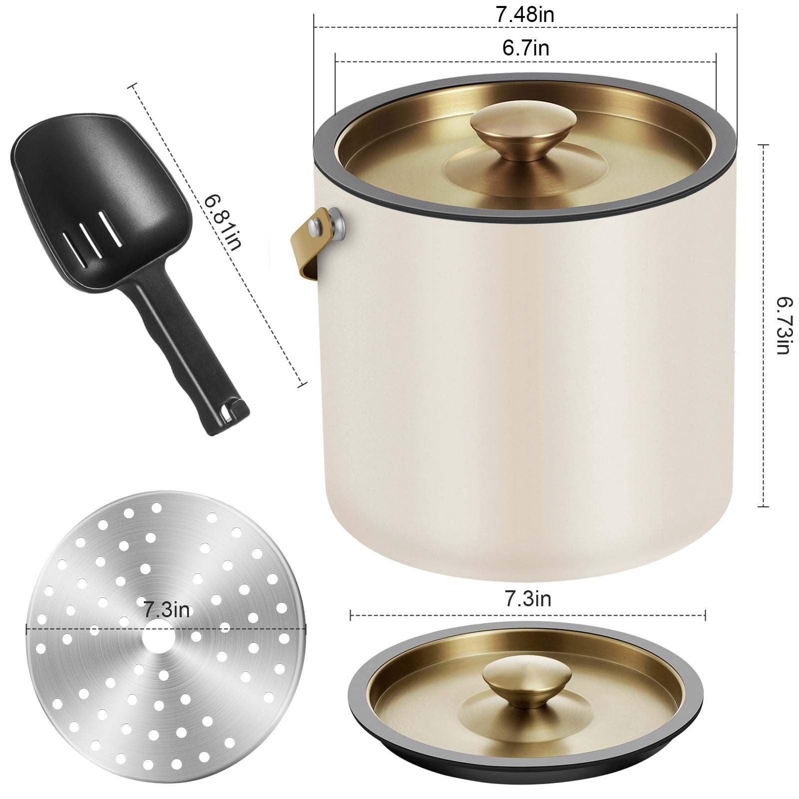 3.2L Ice Bucket with Silicone Lid, Scoop & Strainer, Double Wall Stainless Steel Insulated Ice Bucket for Parties & Cocktail Bar, Keep Ice Frozen Longer