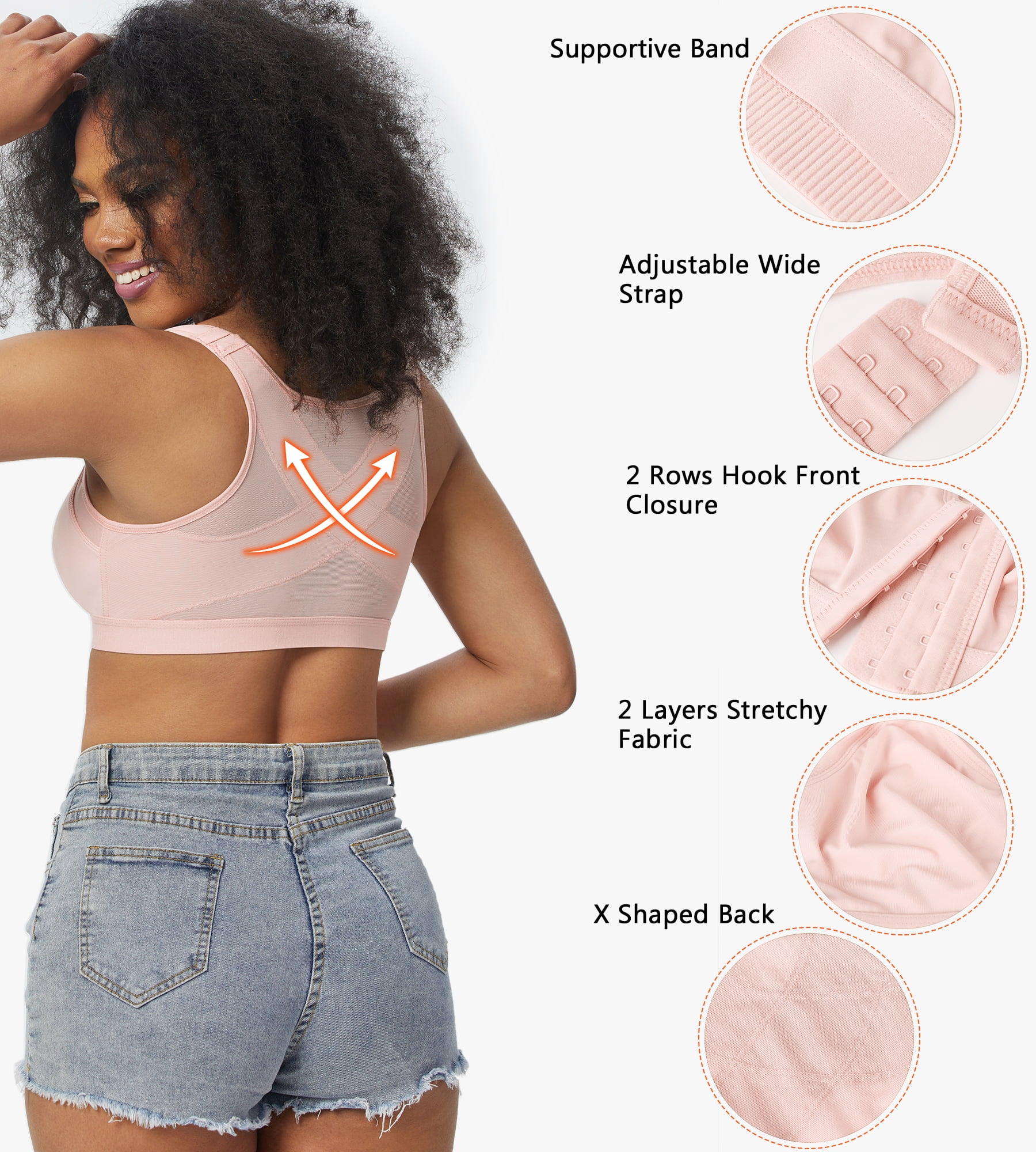 Exerin Women's Back Support Front Closure Bra Full Coverage Non Padded Wirefree(Pink,32DD)