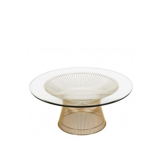 Heavenly Collection round glass coffee table featuring a gold stainless steel wireframe base and a clear tempered glass top, 32 inches in diameter.
