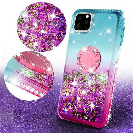 SPY Case for Apple iPhone 12 Pro Max Liquid Glitter Phone Case Cover Ring Kickstand/Neck Strap with Tempered Glass Screen Protector - Teal/Pink