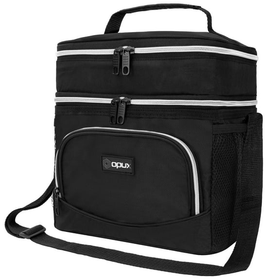 OPUX Insulated Dual Compartment Lunch Box Men Women | Leakproof Double Deck Lunch Bag Work Office | Soft Cooler Tote Shoulder Strap Adult | Reusable Thermal Lunch Pail Kit 12 Cans, Black