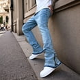 thumbnail image 4 of Zynoxe Mens Denim Pants Trendy Streetwear Vintage Elastic Waist Button Bootcut Jeans Lounge Washed Stretch Casual Denim Trousers Blue 2XL, 4 of 7
