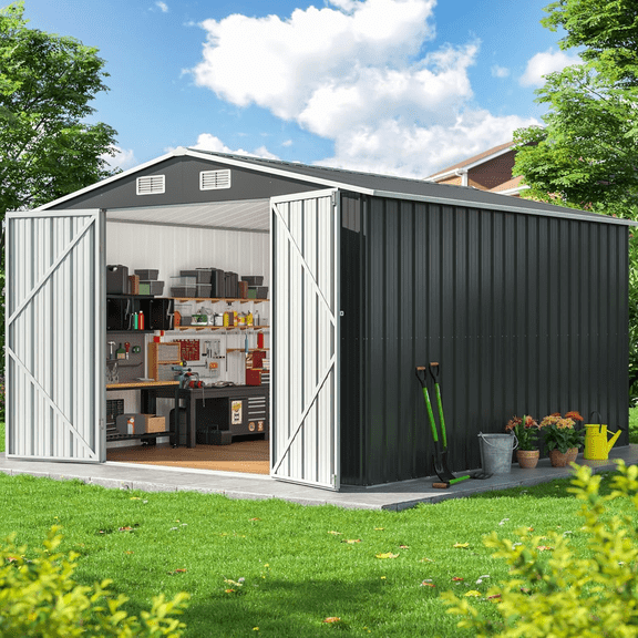 POLAHAKU 10 x 12 FT Outdoor Storage Shed with Thickened Metal Panel and Lockable Door for Garden, Patio, Backyard