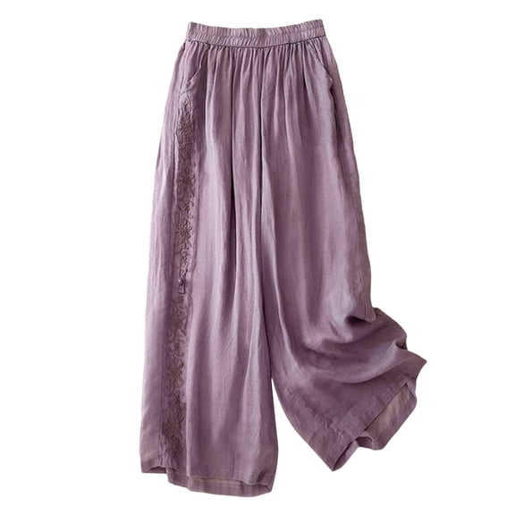 Casual Pants for Women Spring And Summer Retro Embroidered Loose Draped Nine Point Cotton Linen Casual Pants