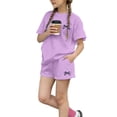 thumbnail image 3 of oqasdz Toddler Children Girls Summer Outfits Bow Print Short Sleeve Loose Fit Workout Set T Shirts and Shorts for Gym Running Casual Sporty Clothing Sets,Purple,2-3 Years, 3 of 7