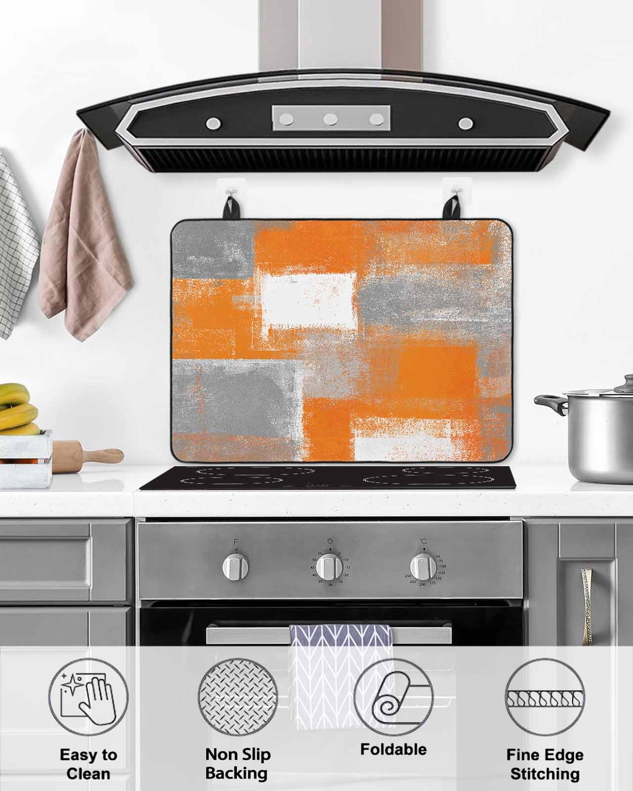 nqOlkjepod Large Induction Cooktop Protector Mat 24"x21", Burnt Orange Grey Stove Top Covers for Electric Stove, Modern Oil Painting White Geometric Stove Burner Cover Mats, Glass Top Stove Cover