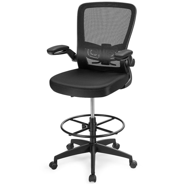 Giantex Chaise de Dessin Ergonomique, Chaise de Bureau Haute Réglable avec Accoudoirs Rabattables, Support Lombaire, Anneau Repose-Pieds Humanisé, Coussin Doux, Design Pivotant à 360°, Tissu en Maille Respirant, pour Bureau à Domicile