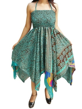 Mogul Womens Halter Dress Handkerchief Hem Two Layer Printed Gypsy Beach Summer Dresses
