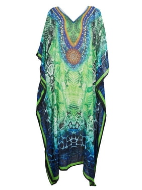 Mogul WINGS TO FLY Maxi Caftan Jewel Print Georgette Kimono Sleeves Beach Cover Up Dress One Size