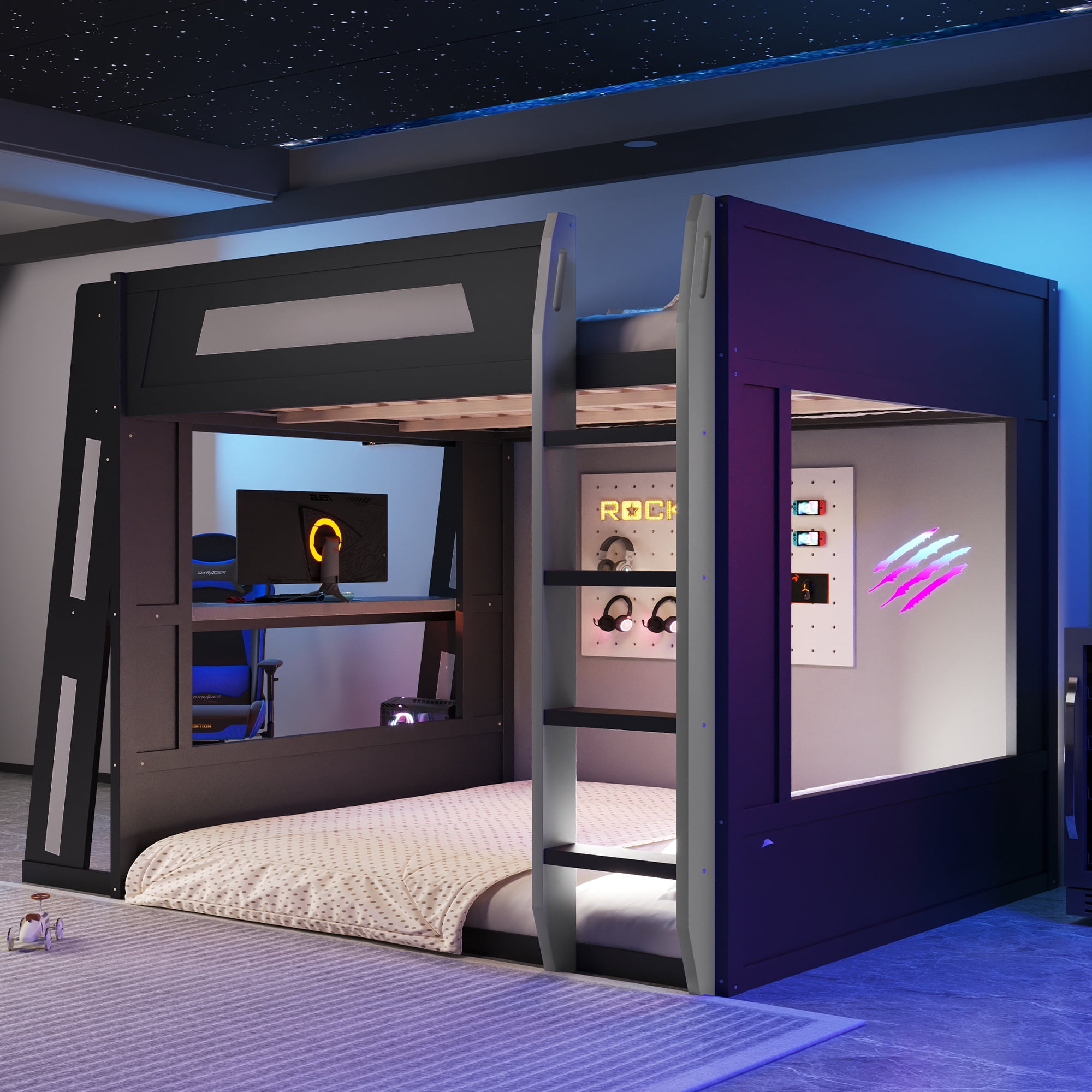 Euroco Queen Size Bunk Bed with Desk and Shelves, Gaming Bed with LED Light and USB Charging, Black & Grey