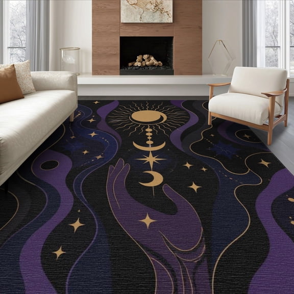 ODIKA 8'x10' Washable Area Rug Non-Shedding, Easy Care, Dark Purple Gold Celestial Design Mystical Moon and Starry Night Motif for King Size Bedroom Under Bed, Master Suite