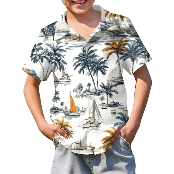 Abcomgle Boys Hawaiian Shirt 5/6 Summer Palm Tree Print Funny Hawaiian Shirt Button Down Short Sleeve Holiday Boys Floral Shirt,Dark Gray,5-6Years