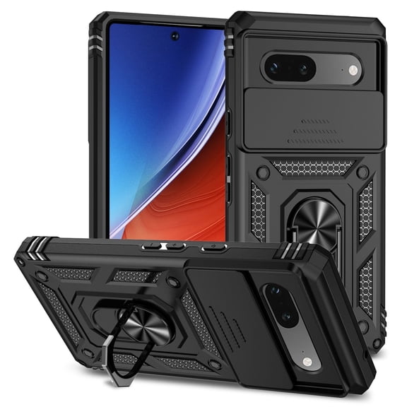 Google Pixel 7A Kickstand Armor Case with Slide Camera Lens Protection Cover Built-in 360 Rotate Ring Holder Stand Magnetic Military Shockproof Phone Cover Case for Google Pixel 7A, Black