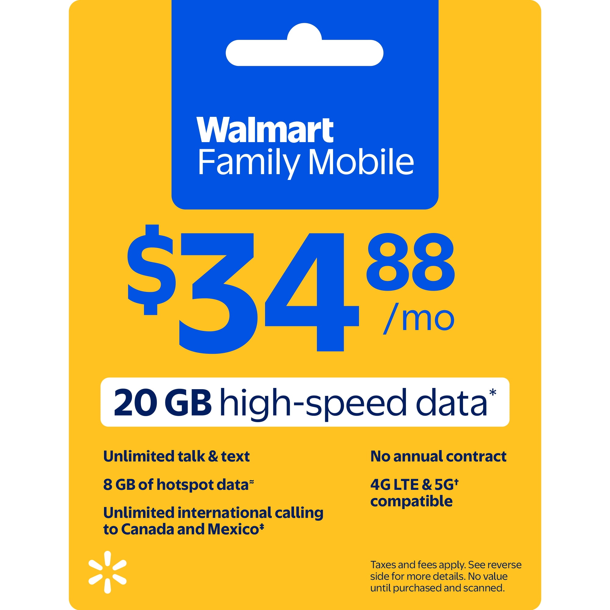 Walmart Family Mobile Unlimited Talk & Text Monthly Prepaid Plan (20 GB at High Speed, then 2G*) Direct Top Up