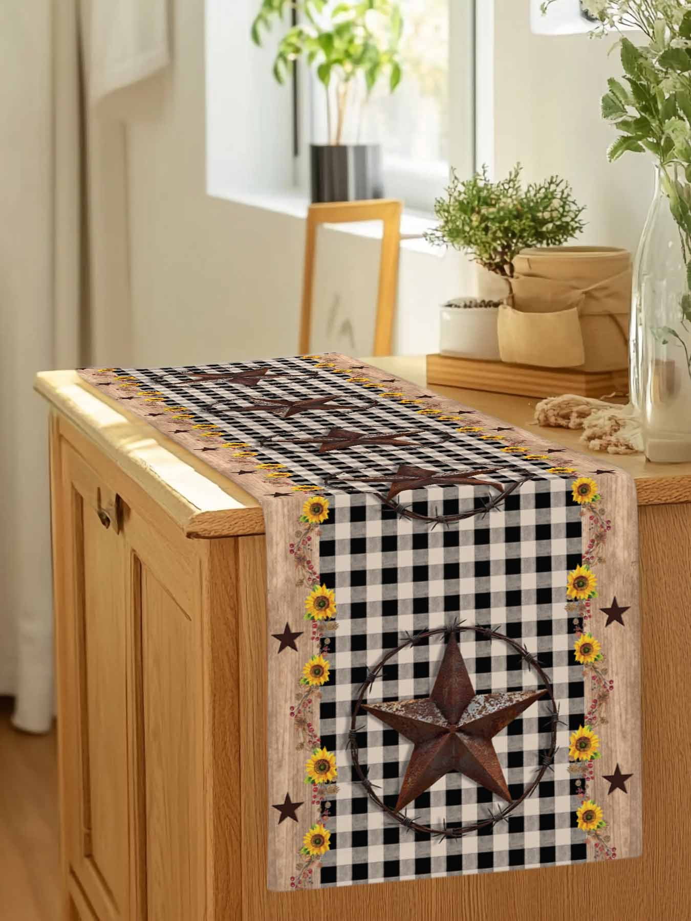 Western Star Farm Sunflower Table Runner 90 Inches Long, Vintage Wood Grain Black Buffalo Plaid Table Runners Tabletop Scarf Kitchen Dining Tables Decoration for Home Party Indoor Outdoor
