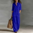 thumbnail image 3 of Textilo Women's Two Piece Outfit Cotton Linen Button Up Long Sleeve Shirt and Pants Set with Pockets Wide Leg Elastic Waist Set Summer Travel Vacation Breathable Loose Walking Wear,Royal Blue XL, 3 of 4