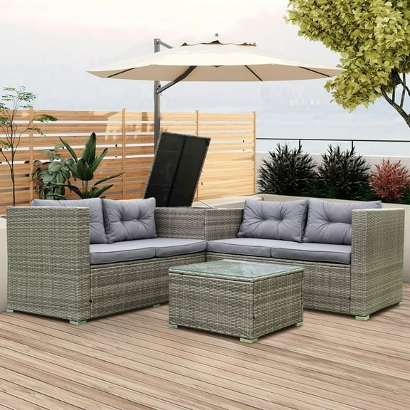 JONPONY 4 Piece Patio Sectional Wicker Rattan,All-Weather Outdoor Furniture Sofa Set with Storage Box Grey