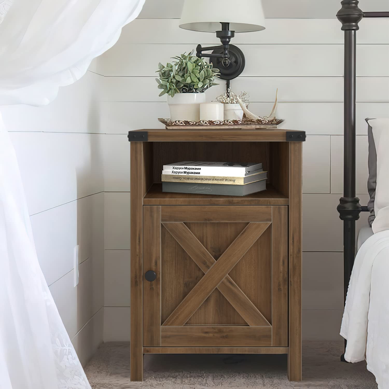 4 EVER WINNER Farmhouse Barn Door Side Table, Rustic Oak End Table with Barn Door Storage, Industrial Side Table for Living Room