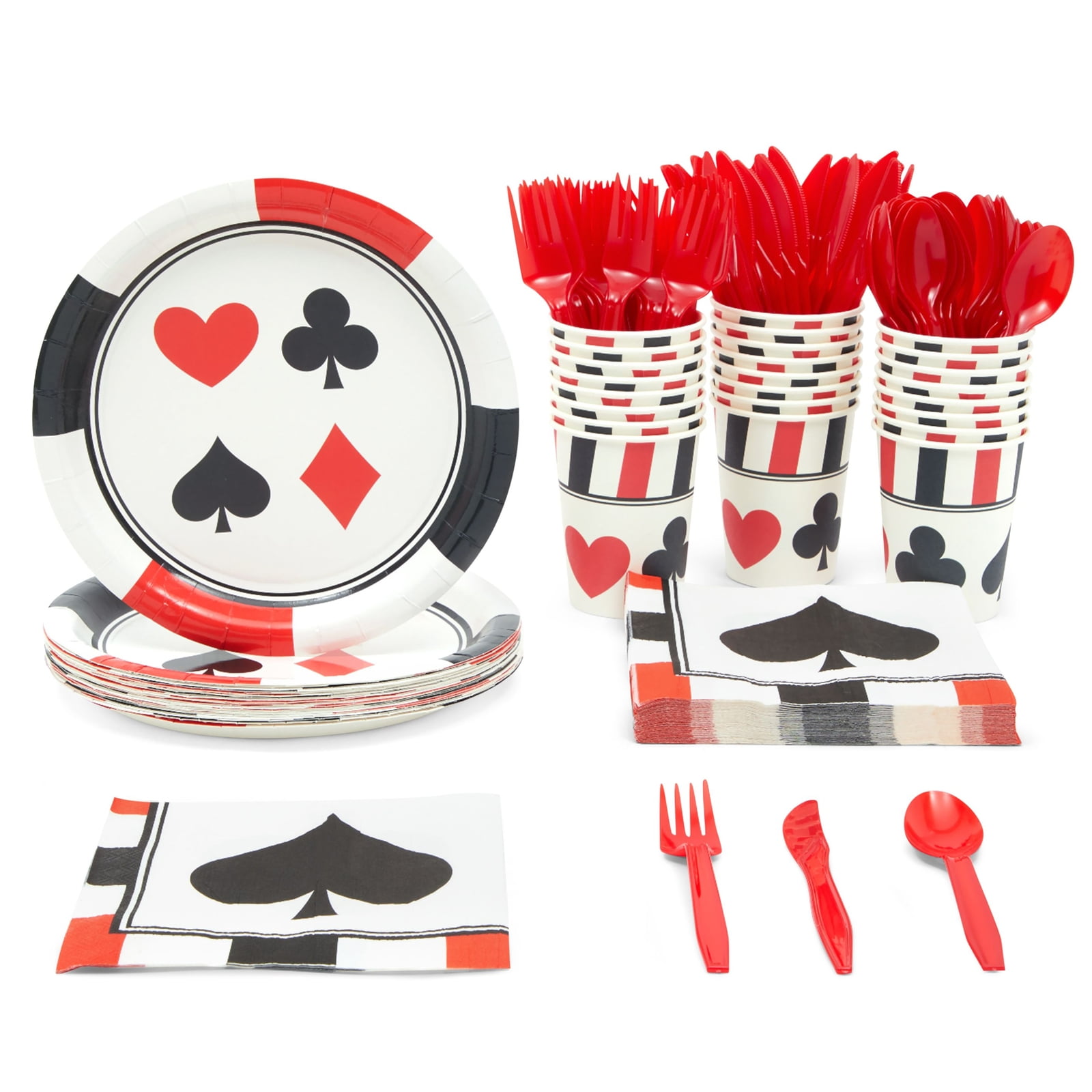 144 Piece Disposable Casino Theme Dinnerware Set, Poker Night Party Supplies (Serves 24)
