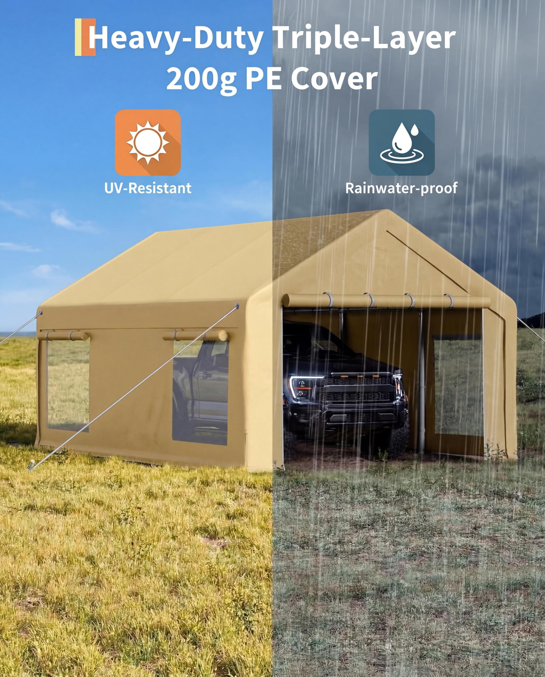 Gaderth 10x20 ft Portable Garage, Car Port with 200 g PE Tarp Cover, with Front & Rear Roll-Up Doors and 4 Windows, for Temporary Paint Booth, Boats&Pickups Shed, and Event Shelter