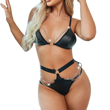 

IROINNID Women s Sexy Lingerie V-Neck At Hip Sexy Steel Ring PU-Leather Pajamas Sexy Lingerie G-String Underwear