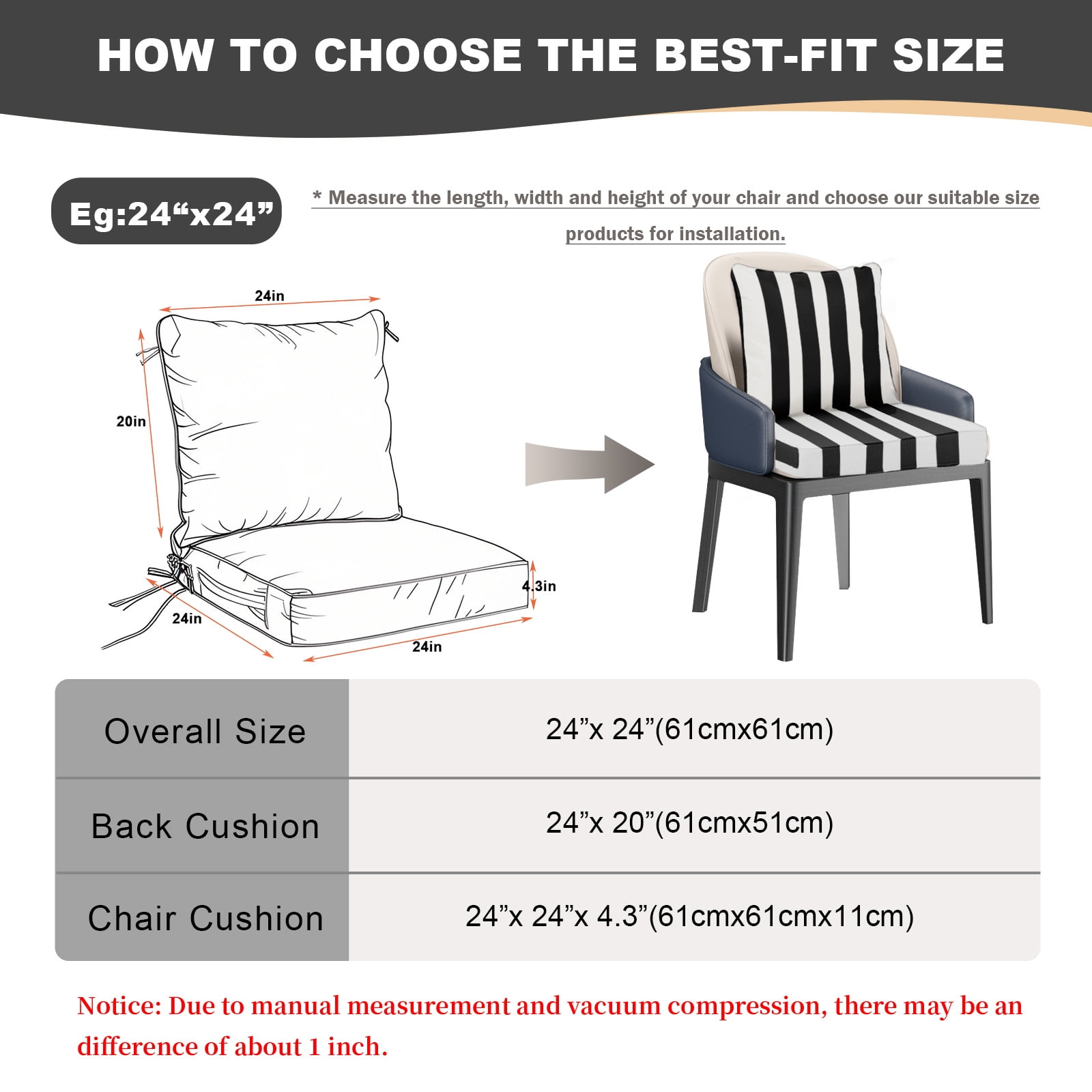 24 x 24 Inch Outdoor Deep Seat Cushion Set - Waterproof Fade-Resistant Patio Furniture Cushions with Removable Covers, Adjustable Straps & Handles for Chairs, Sofa, Couch (2-Piece)