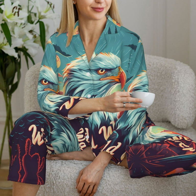 Pajamas for Women Set Western Style Bald Eagle Comfy Long Sleeve Button Up Pajama Sets for Women 2 Piece Soft Sleepwear Nightwear Pjs Lounge Sets
