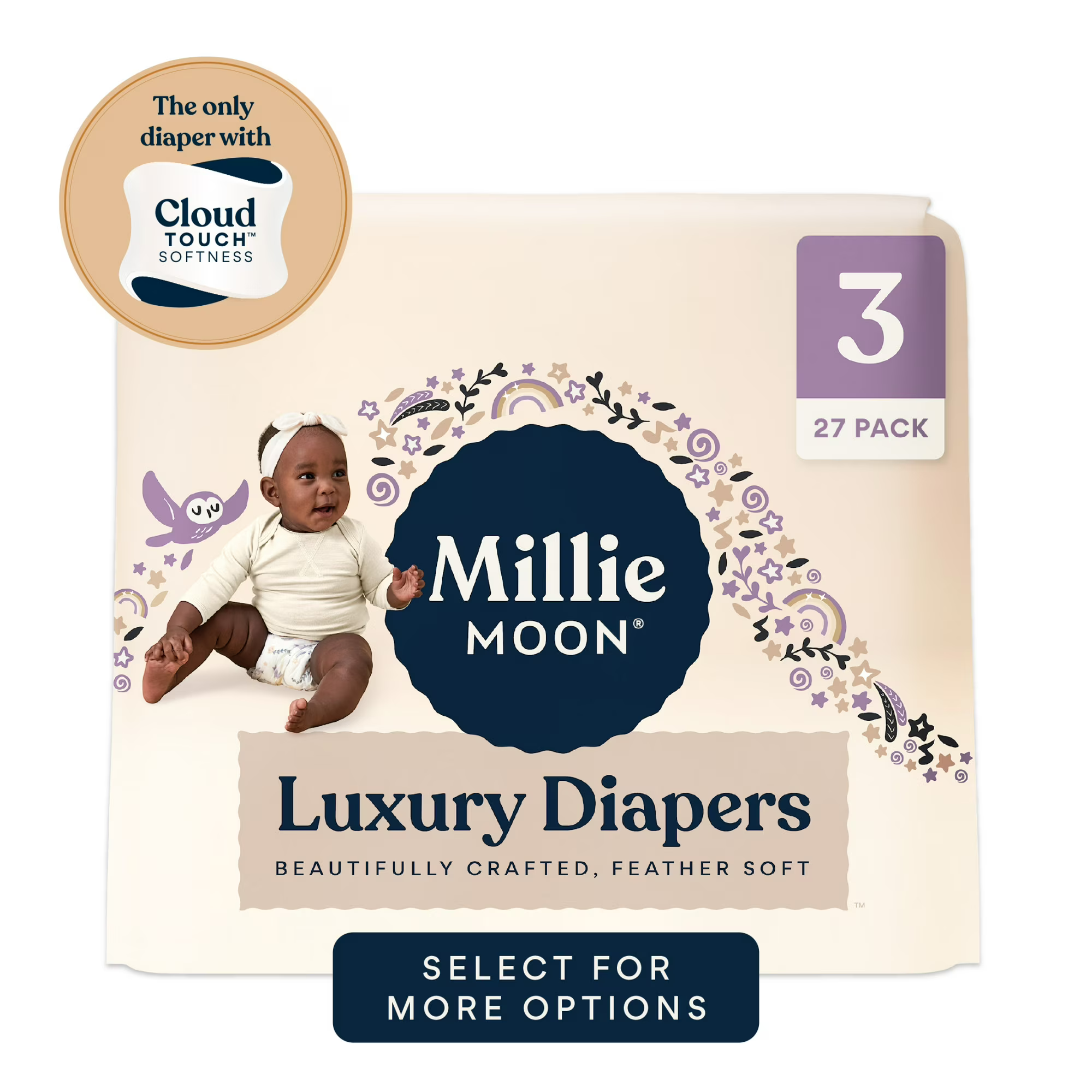 Millie Moon Luxury Diapers – Size 3 CloudTouch™ Softness Hypoallergenic, Ultra-Absorbent 27 Count