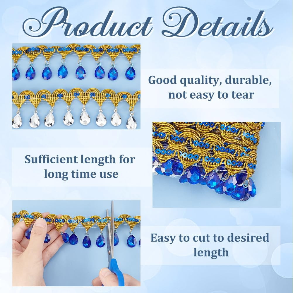 9.8Yards(9m) Hanging Beads Fringe Lace 1.9inch Wide Blue Rhinestone Bead Fringe Trim Polyester Sewing Fringe Tassel Trim by The Yard for Handmade DIY Clothing Curtain Decoration