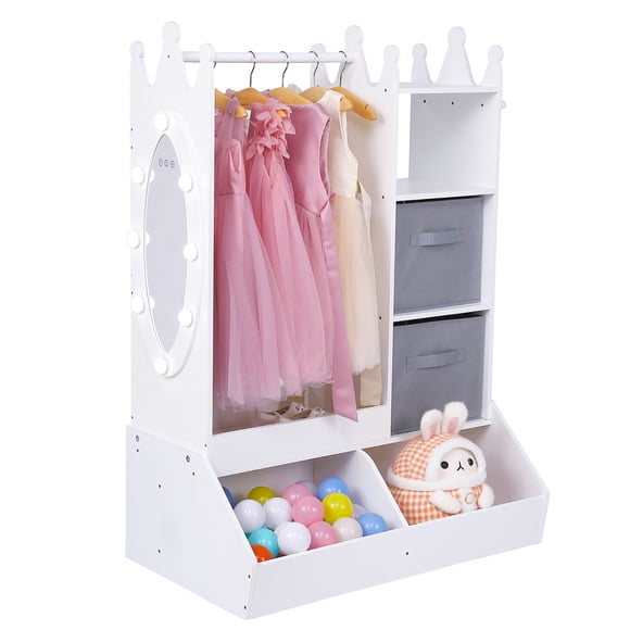 Kids Dress Up Wardrobe with Mirror & Light – Wooden Closet Organizer with Storage Bins and Open Hanging Rack – Ideal for Playroom or Bedroom – Color: White