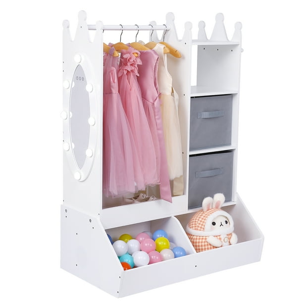 Almacenamiento para disfraces de niñas con luz y espejo, perchero infantil, cubo de almacenamiento y armario colgante