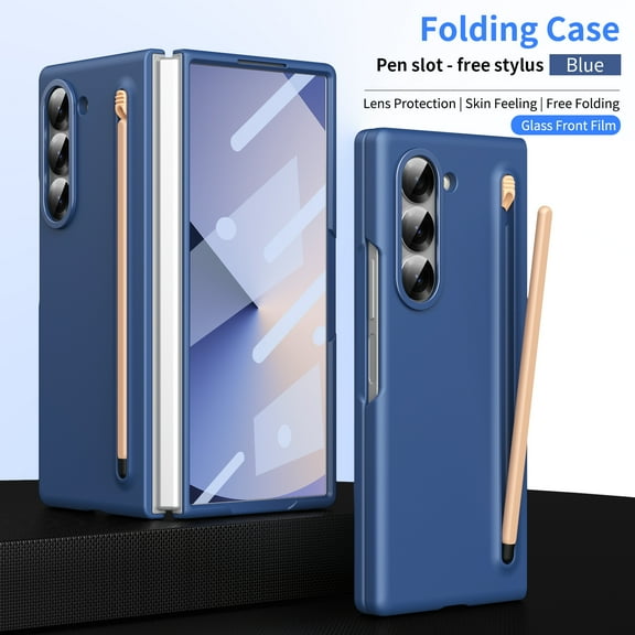 ELEHOLD Case for Samsung Galaxy Z Fold 6, Heavy Duty Shockproof PC Matte Case with S Pen [Built-in Screen Protector] & Pen Holder,Blue