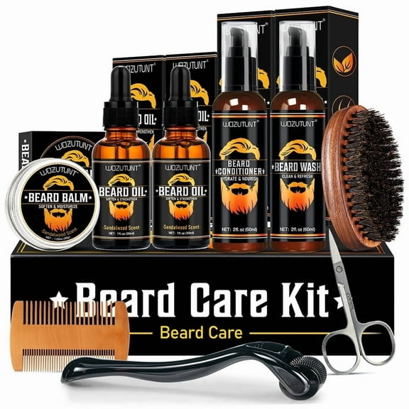 Wozutunt Beard Kit for Men, Grooming & Trimming Set With Beard Wash Shampoo, Oil, Balm, Brush, Comb, Scissors, Premium Fathers Birthday Gifts Valentines Gifts For Him Dad Men Boyfriend