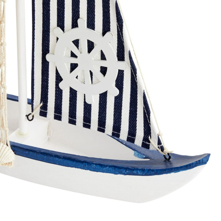 Juvale Sailboat Model Decoration - Wooden Sailing Boat Home Decor Set, Beach Nautical Design, Navy Blue and White with Ship's Wheel, 13 x 15 x 3
