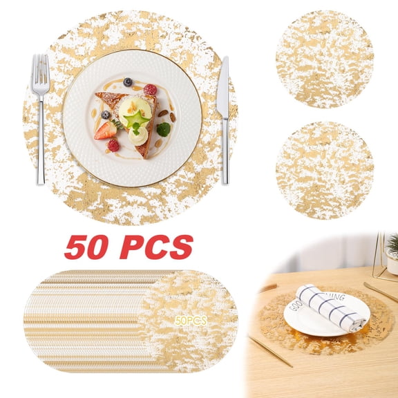 50Pcs Gold Placemats Set Round 13 Inch Foil Mesh Pressed Bulk Disposable Fall Table Mates 50 Pack Gold Doilies for Dining Table Wedding Birthday Party Holiday Home Decoration