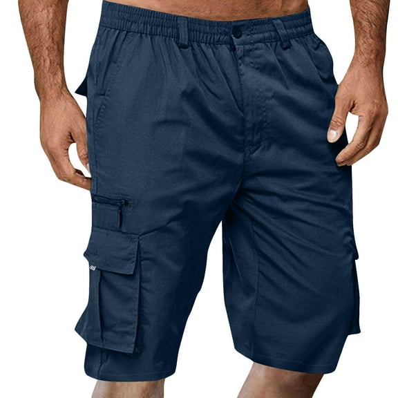 Men's Cargo Shorts Below Knee Casual Summer Elastic Waist Long Hiking Shorts Multi Pocket Navy 3XL