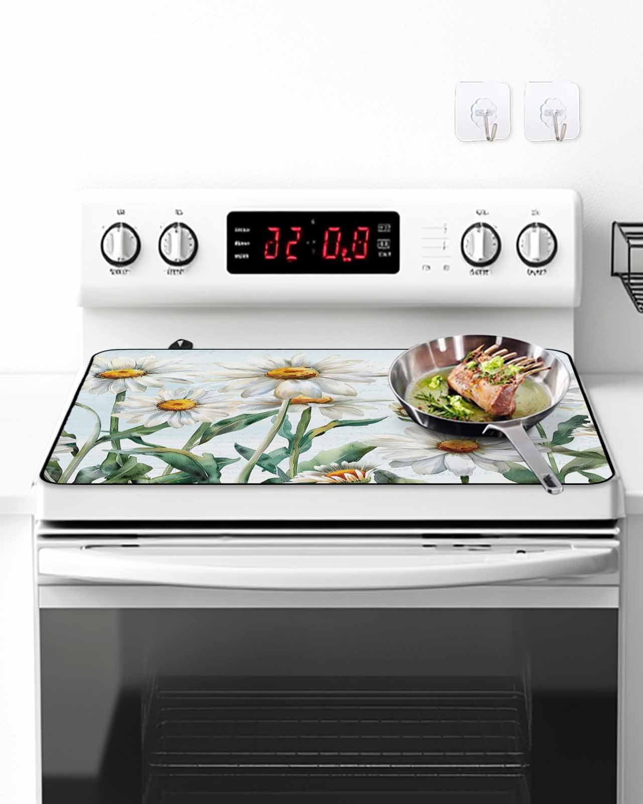 Stove Top Covers for Electric Stove, Spring Floral Glass Stovetop Cover Protector, Watercolor Summer Botanical White Daisy Induction Cooktop Protector Oven Mat for Kitchen Countertop 24"x21"