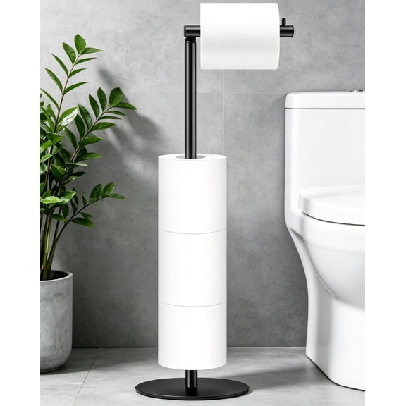 Toilet Paper Holder Stand, Bathroom Toilet Paper Stand with Shelf, Free Standing Toilet Paper Roll Storage Holder for 4 Rolls, Black,