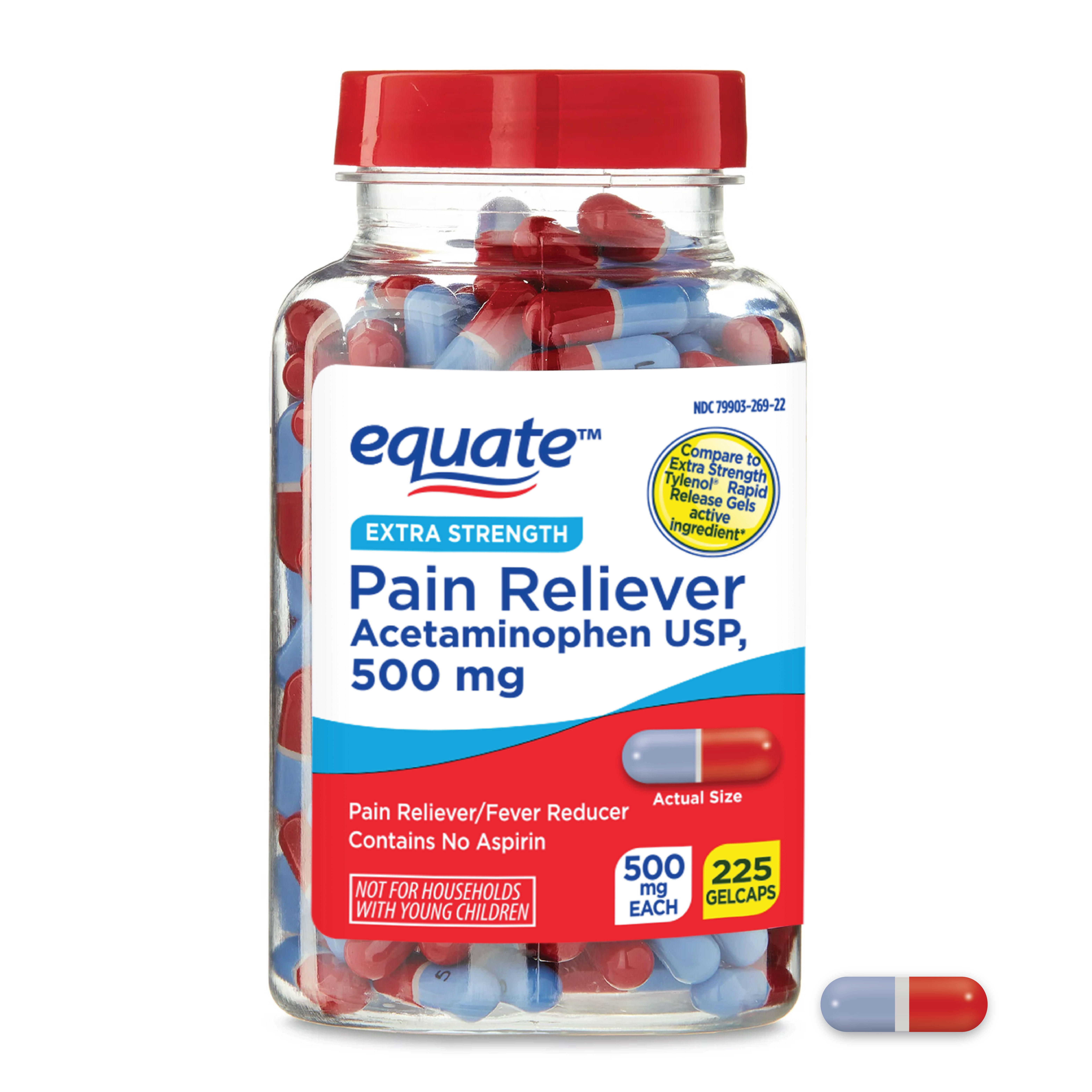 Equate Extra Strength Acetaminophen 500mg Gelcaps, Pain Reliever and Fever Reducer, 225 Count