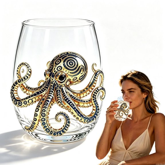 15oz Octopus Embossed Glass Cup, Sea Fantasy Stemless Tumbler for Ocean Bar Coastal Home Decor, Marine Lover Drinkware Gift