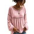 thumbnail image 2 of Women's Solid Color Round Neck Lace Patchwork Blouse, Long Sleeve Hollow Out Casual Shirt, Loose Fit Eyelet Top for Daily Office Holiday Wear 02-Pink S, 2 of 5
