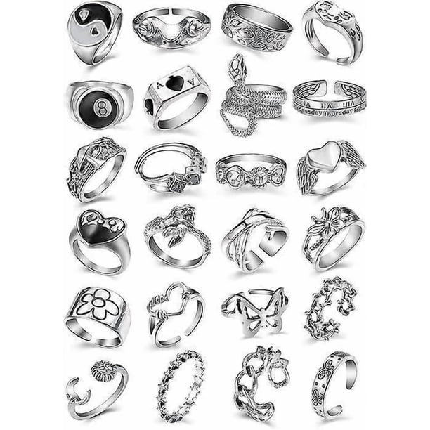 Vintage Silver Open Punk Rings for Men Women, 24PCS Adjustable Rings,Cool Gothic Ring,Statement Stacking Ring, Skull Snake Star Flower Heart Y2K Ring