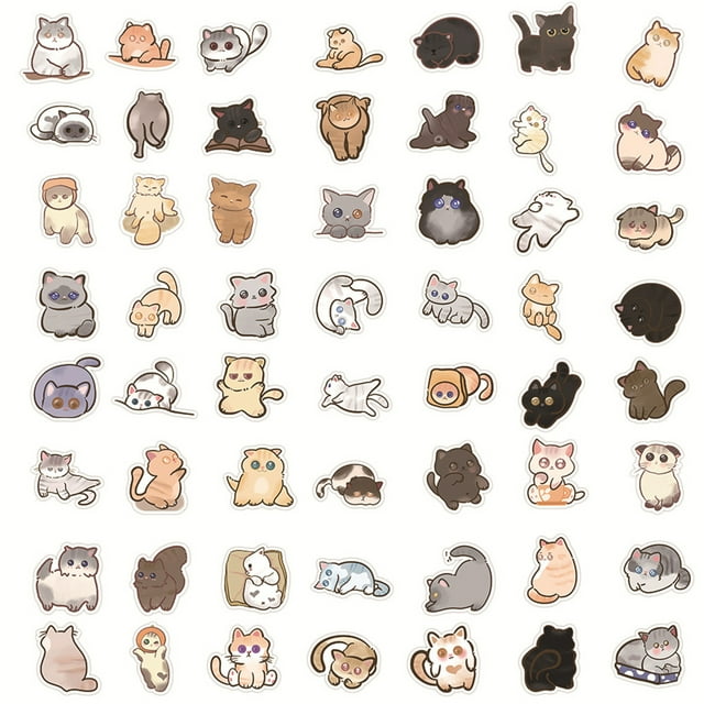 Flmtop 60Pcs Cat Sticker Cartoon Pattern Waterproof Adorable Decorative Water Bottle Laptop Skateboard Cat Sticker Reward Gift